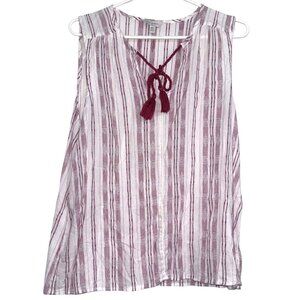 Lucky Brand Womens Striped Sleeveless Blouse With Tassel Tie White & Red Size M